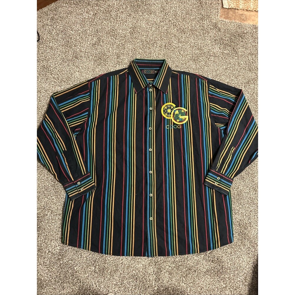 COOGI Dress Shirt Men’s 3XL Striped Black Embroidered Button Up Long Sleeve